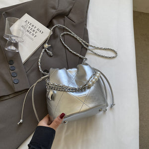 BJC9877簡約銀色小包包女2024夏季新款菱格鏈條手提包時尚洋氣斜挎水桶包