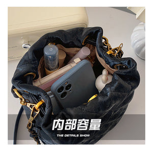 BTY5609菱格繡線手提小包包女新款復古鏈條單肩斜挎包韓國小眾絨面水桶包