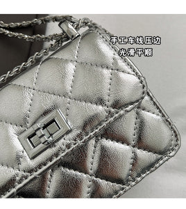 BPDL3040質感菱格鏈條包包女式2024新款潮時尚銀色小方包百搭鏈條斜挎包