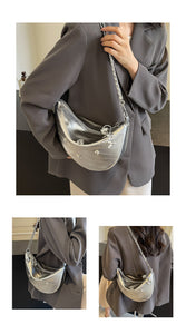 BJC9876時尚銀色小包包女2024夏季新款單肩腋下包百搭鏈條個性斜跨餃子包